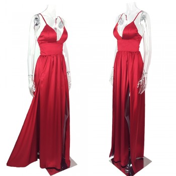 Red Satin V Neck Padded Maxi Dresses Two High Splits Backless High Rise Floor Length Party Dress